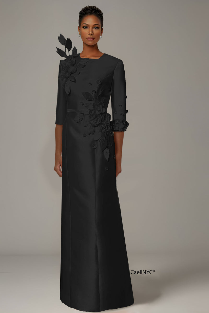 black modest formal dresses Gardenia Evening Gown with Sleeves and Flowers – CaeliNYC® modest black dress