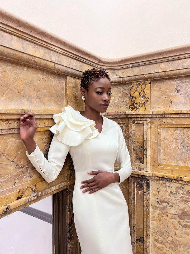 Honour Gold Evening Gown with Sleeves 16 / Off-White Honour Gold Evening Gown with Sleeves 16 / Off-White
