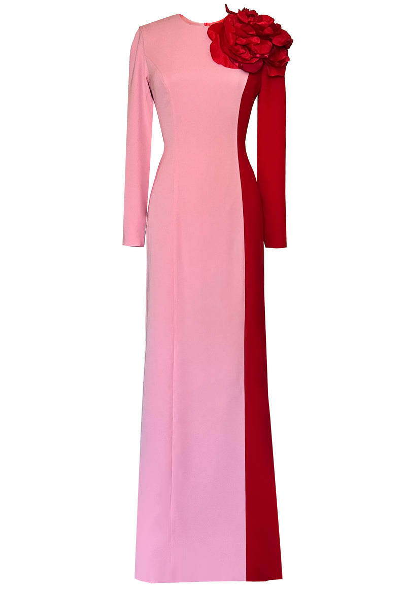 English Rose Color Block Long Sleeve Gown with Statement Flower CaeliNYC English Rose Color Block Long Sleeve Gown with Statement Flower CaeliNYC