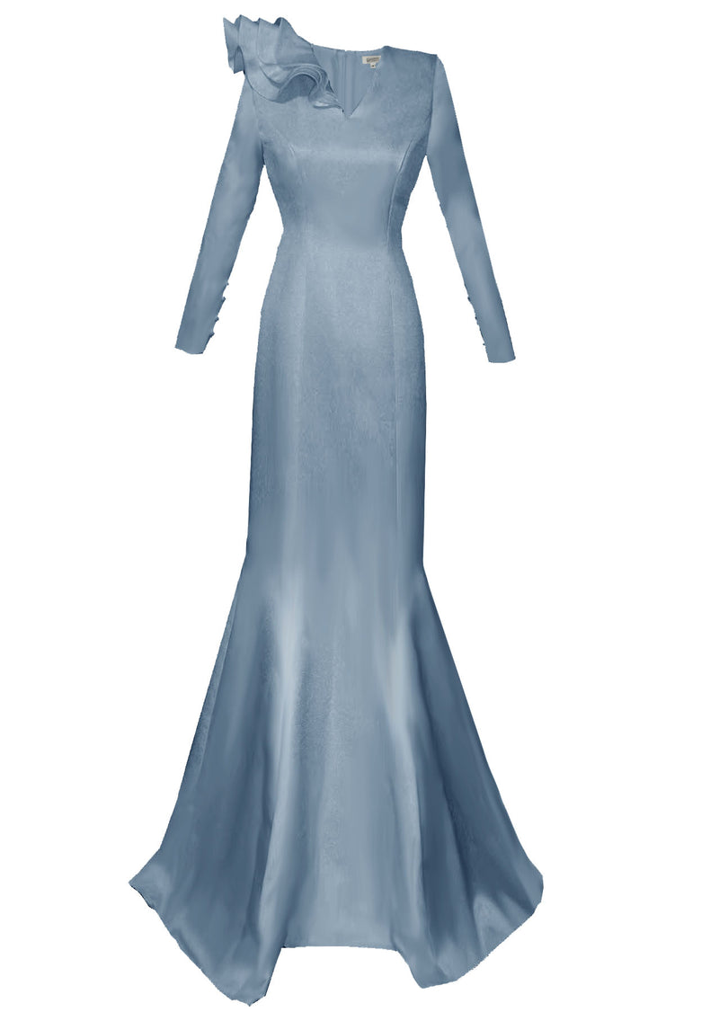 dusty blue long sleeve dress Honour Dusty Blue Long Sleeve Gown 12 / Off-White