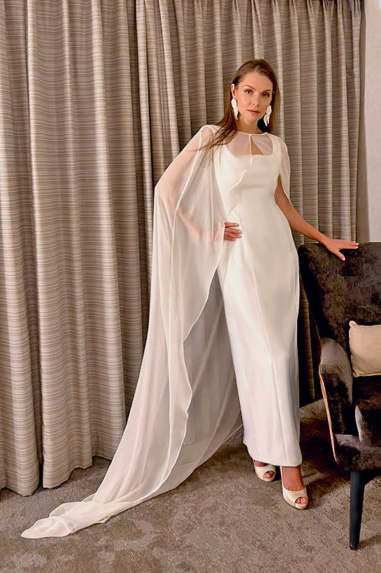Kena Long Silk Chiffon Birdal Cape Off White – CaeliNYC® Kena Long Silk Chiffon Birdal Cape Off White – CaeliNYC®