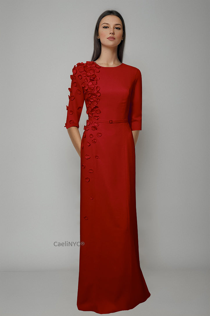 Mae Red Modern Modest Gown with Petals CaeliNYC Mae Red Modern Modest Gown with Petals CaeliNYC