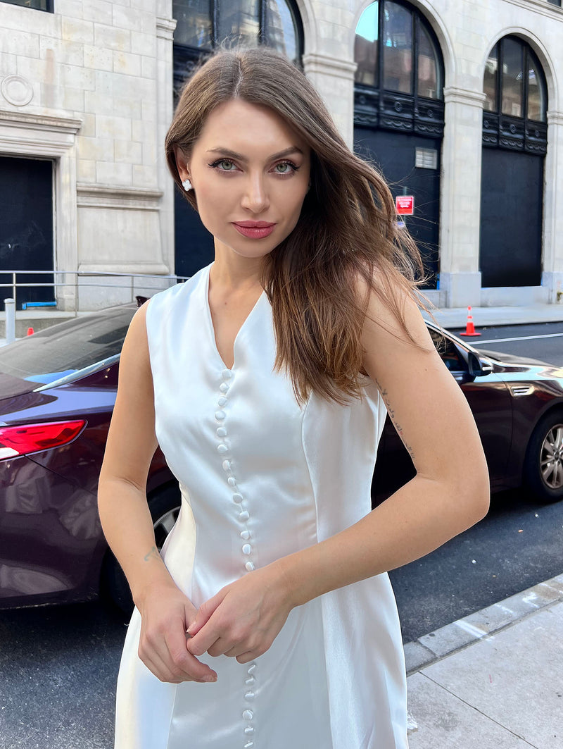 white satin button dress Elegant White Satin Midi Dress with Pearl Buttons