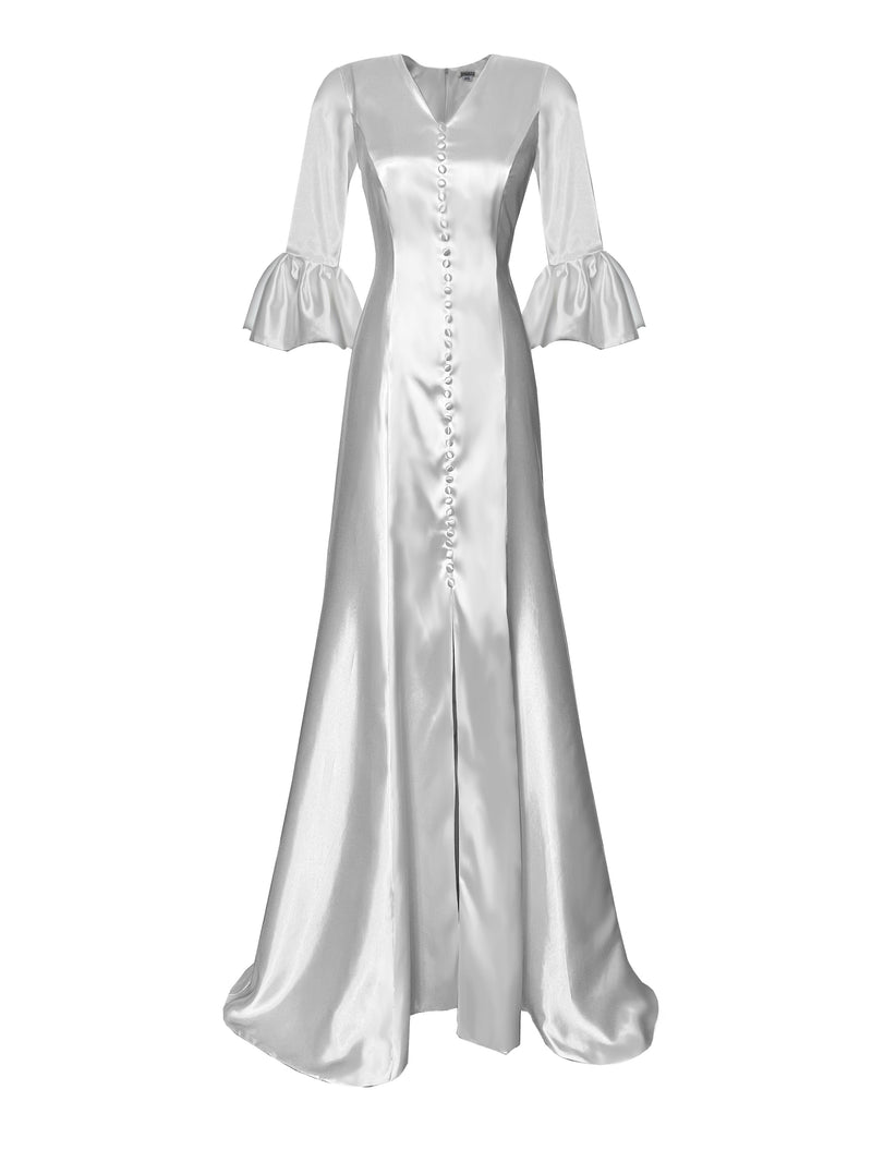 Twilight Silk Satin Wedding Gown with Flounce Sleeves 12 / Light Blue Twilight Silk Satin Wedding Gown with Flounce Sleeves 12 / Light Blue