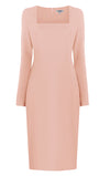pink dress with long sleeves and square neckline