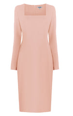 pink dress with long sleeves and square neckline