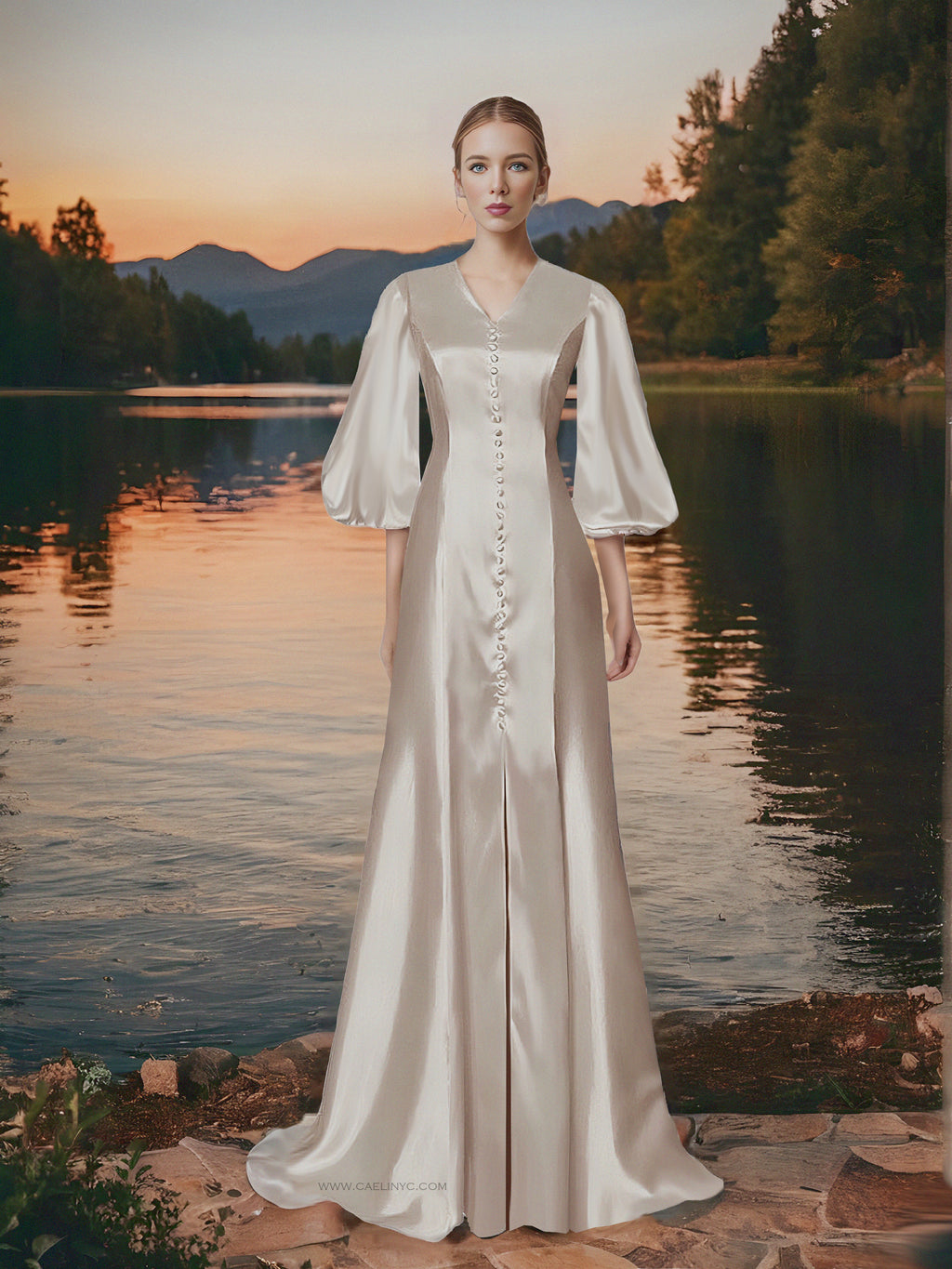 Dawn Satin Gown with 3/4  Balloon Sleeves