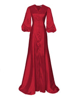 red satin gown with balloon sleeves