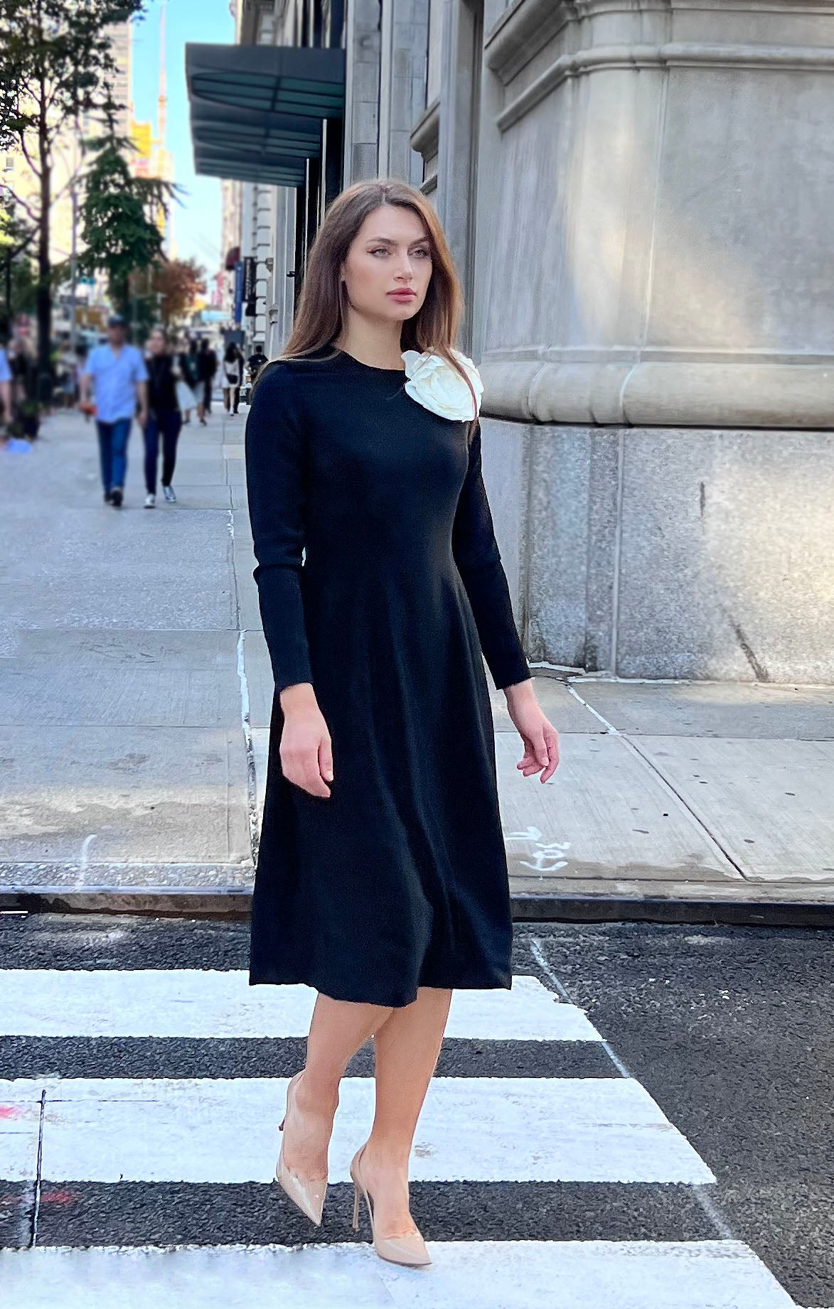 Dorothea A-line Long Sleeve Dress with Flower Applique 2 Dorothea A-line Long Sleeve Dress with Flower Applique 2