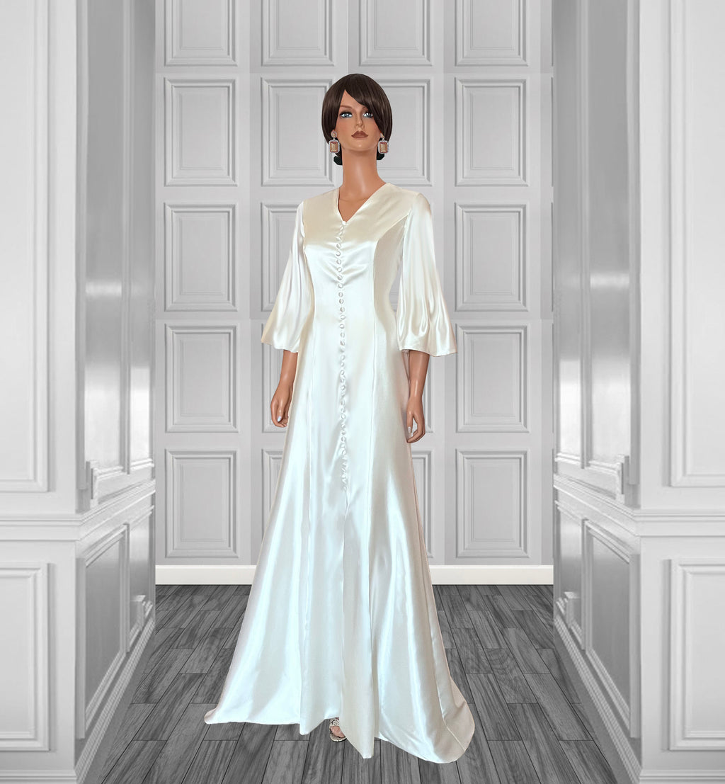 Eventide Satin Wedding Gown with Bell Sleeves