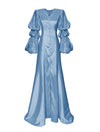blue satin dress with layered puff sleeves