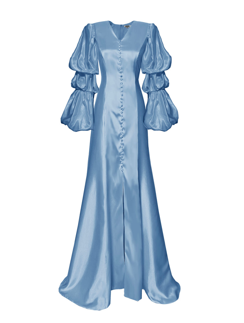blue satin dress with layered puff sleeves