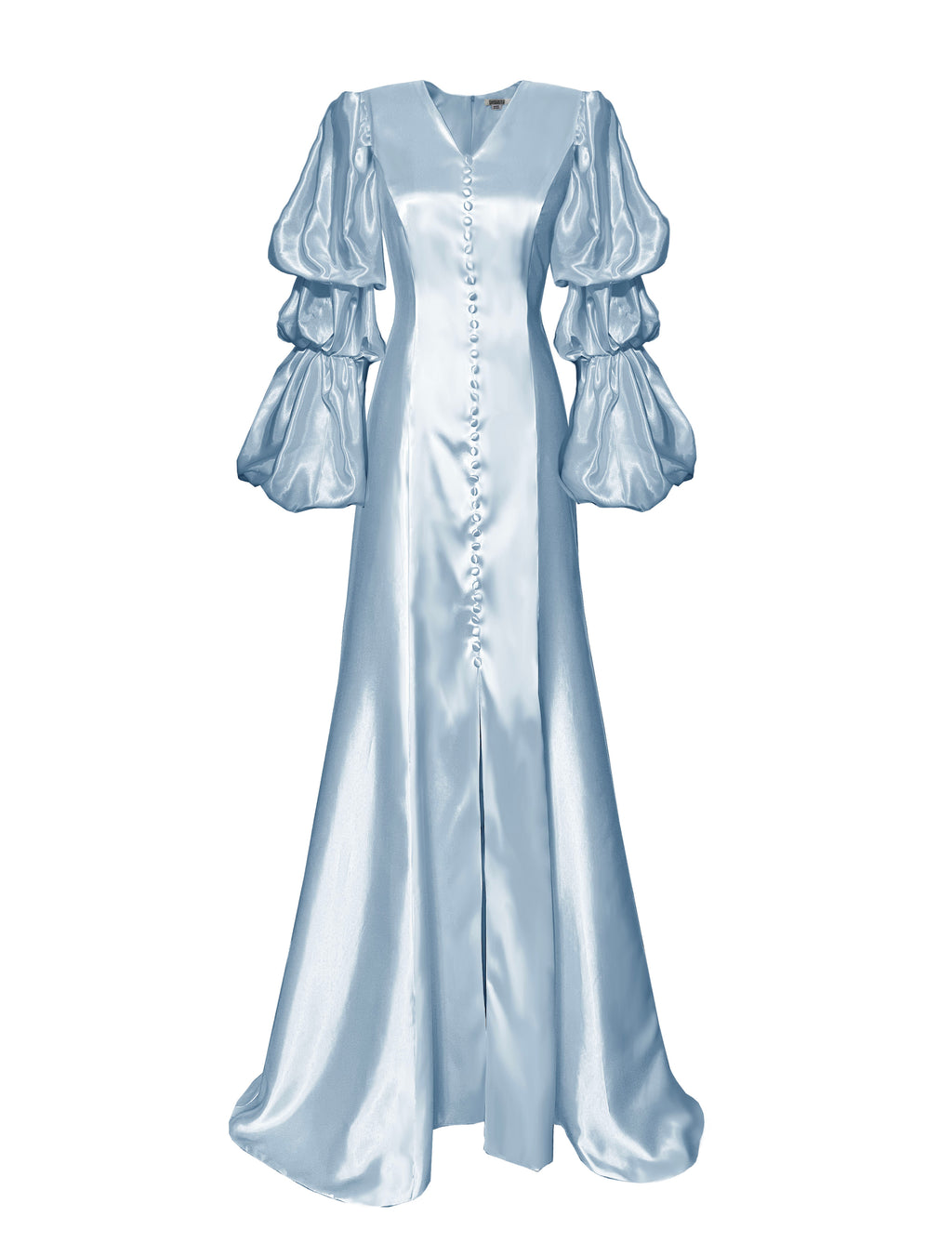blue satin dress with layered puff sleeves