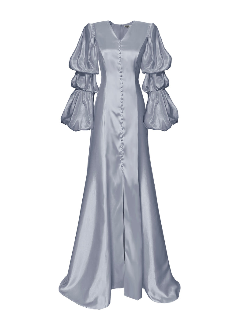 Glow Satin Gown with Layered Puff Sleeves