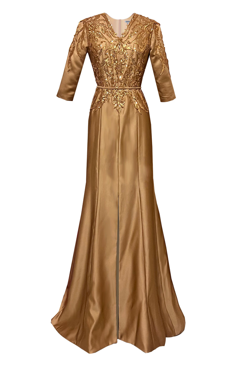 Mandalay Sequin Evening Gown with Sleeves 8 / Gold