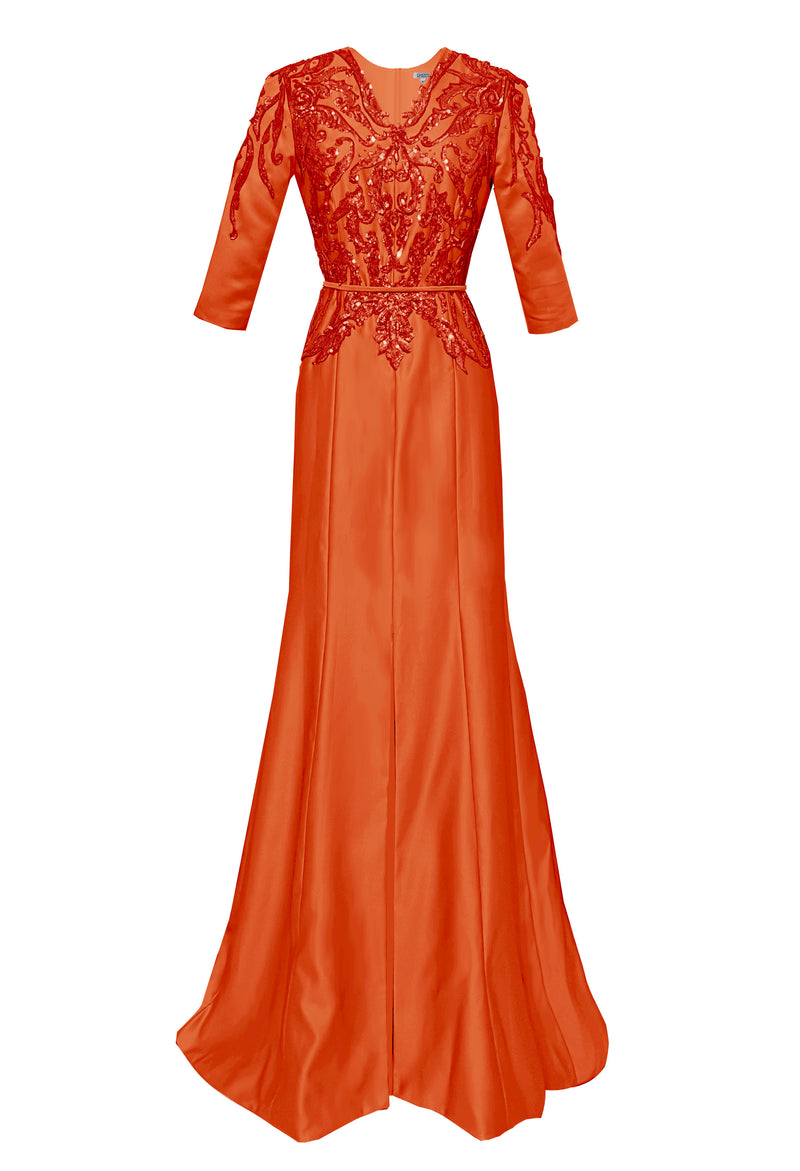 orange evening gown with sleeves