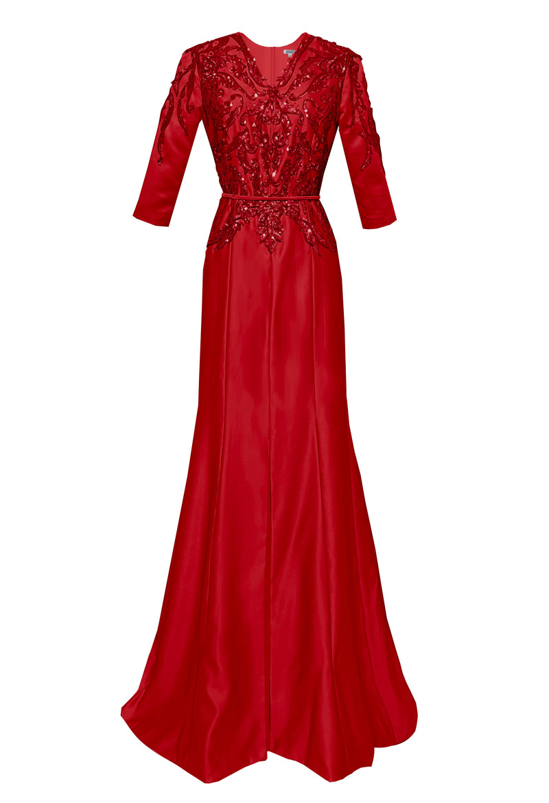 red Mandalay Sequin Evening Gown with Sleeves