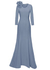 dusty blue floor length dress with sleeves