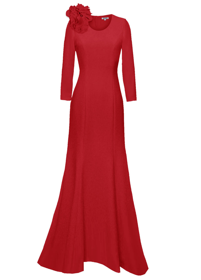 red gown with long sleeves