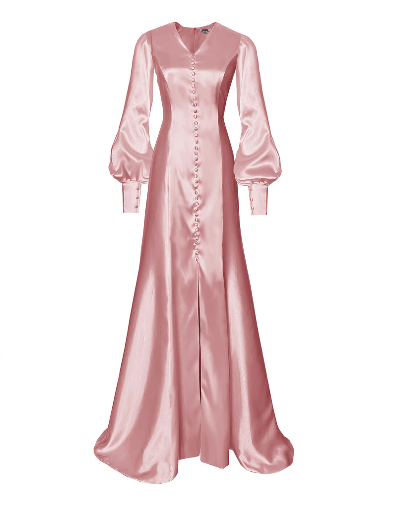 pink Satin Wedding Gown with Bishop Sleeves