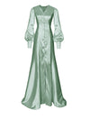 sage Satin  Gown with Bishop Sleeves