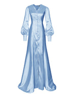sky blue Satin Gown with bishop Sleeves