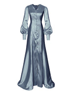 steel blue Satin Gown with bishop Sleeves