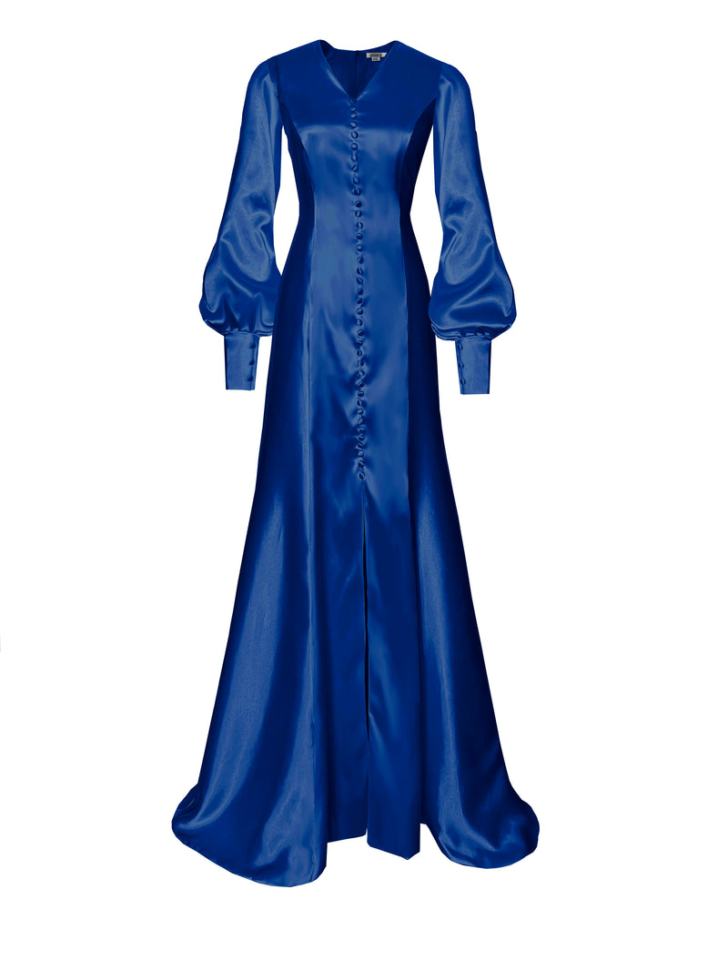 royal blue shiny gown with slit