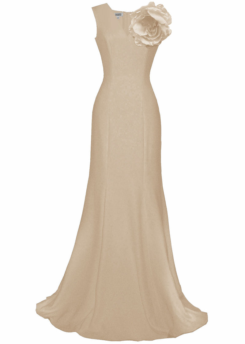 Terra V-Neck Tailored Gown with Statement Flower - More colors