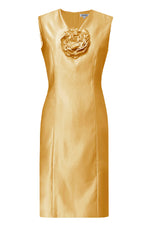 gold cocktail dress with flower