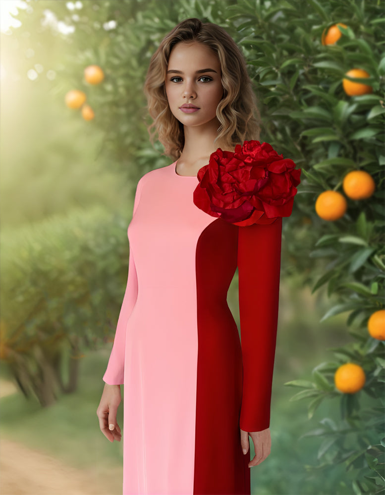English Rose Color Block Long Sleeve Gown with Statement Flower 6 / Black and White English Rose Color Block Long Sleeve Gown with Statement Flower 6 / Black and White