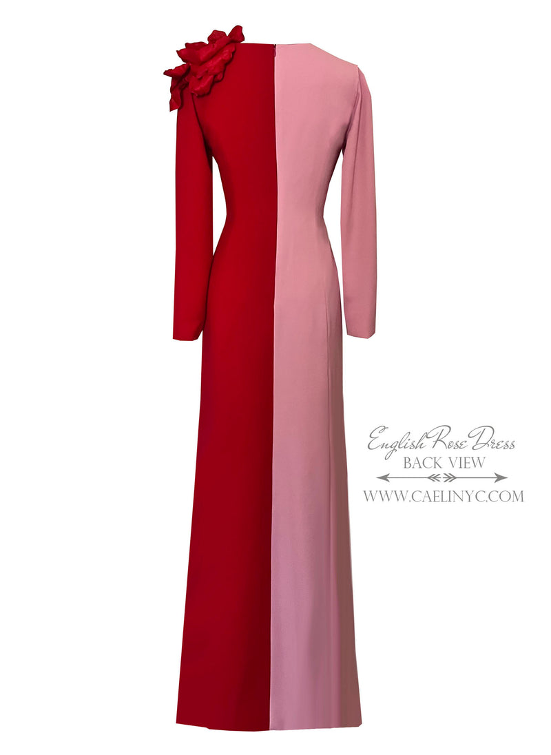 English Rose Color Block Long Sleeve Gown with Statement Flower