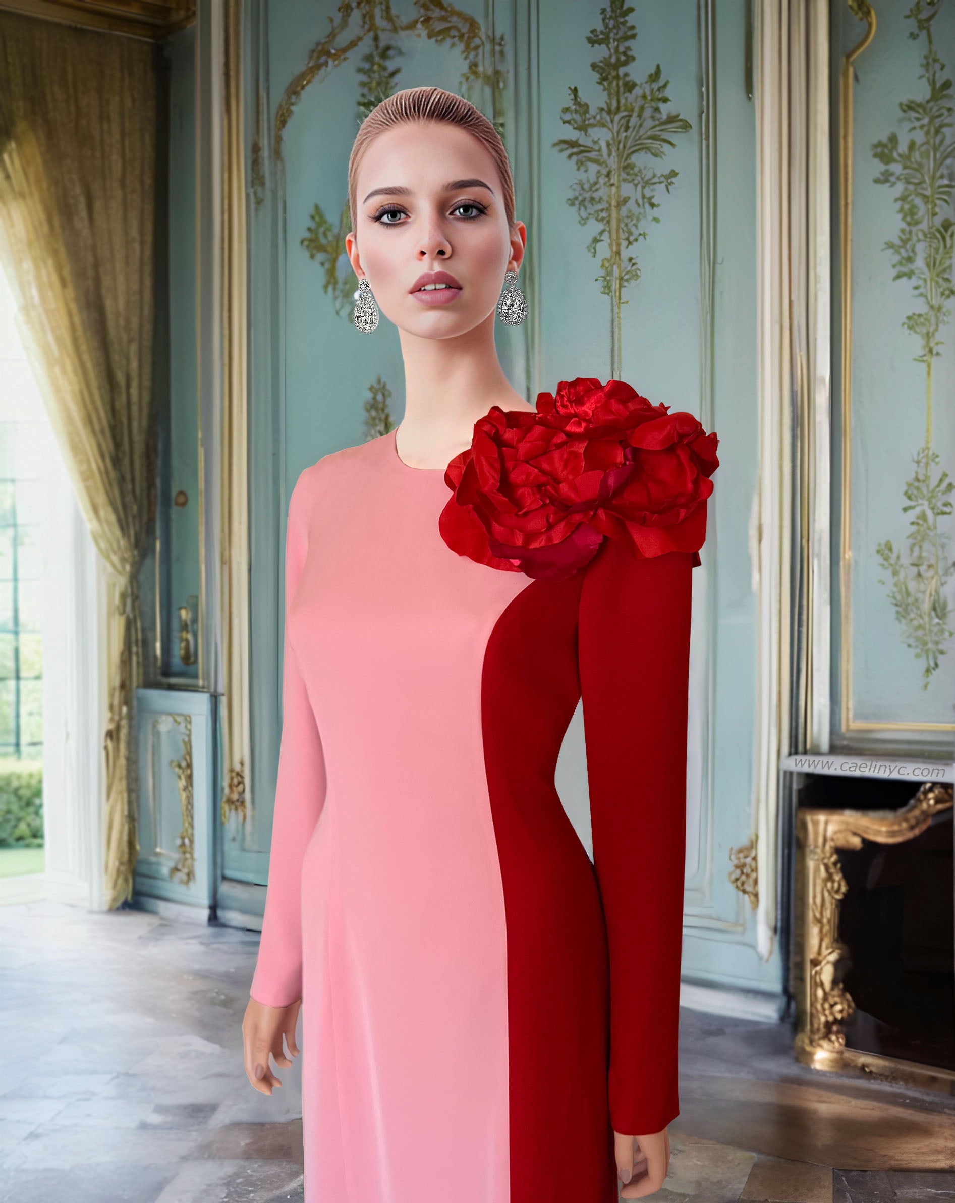 English Rose Color Block Long Sleeve Gown with Statement Flower – CaeliNYC