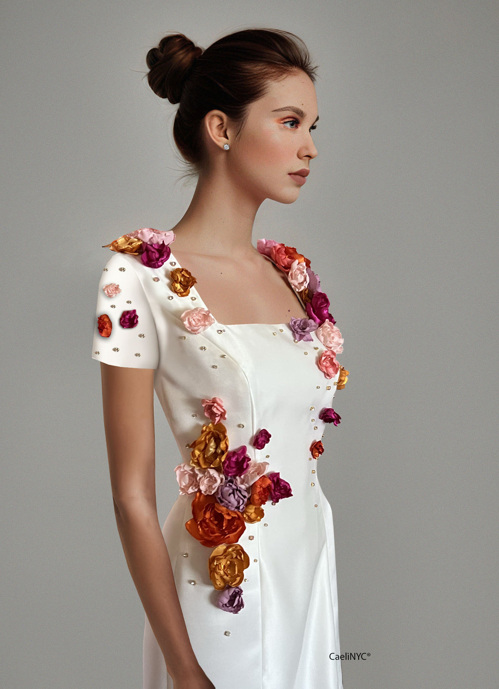 matte satin gown, wedding guest dress, mother of the bride dress, formal evening wear with short sleeves