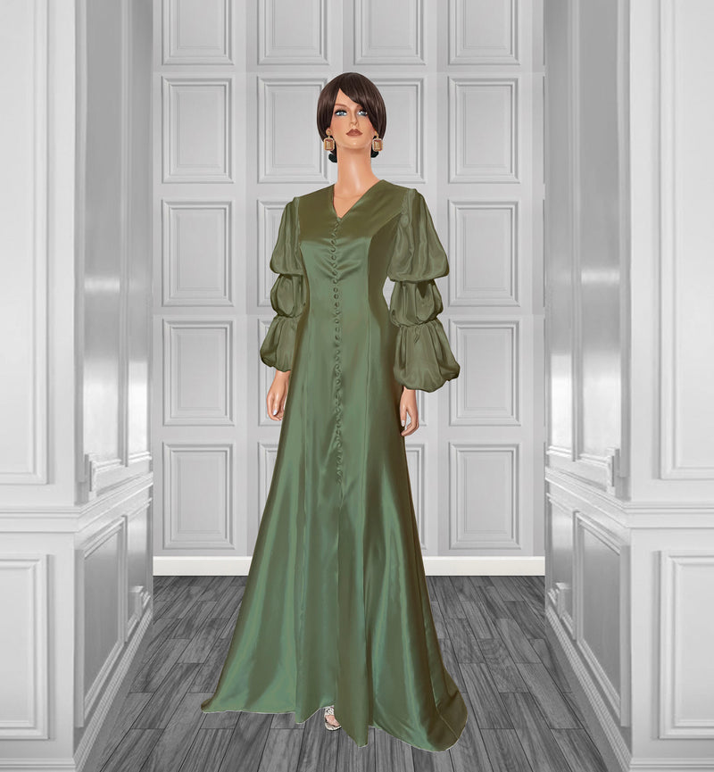 Glow Satin Gown with Layered Puff Sleeves CaeliNYC Glow Satin Gown with Layered Puff Sleeves CaeliNYC