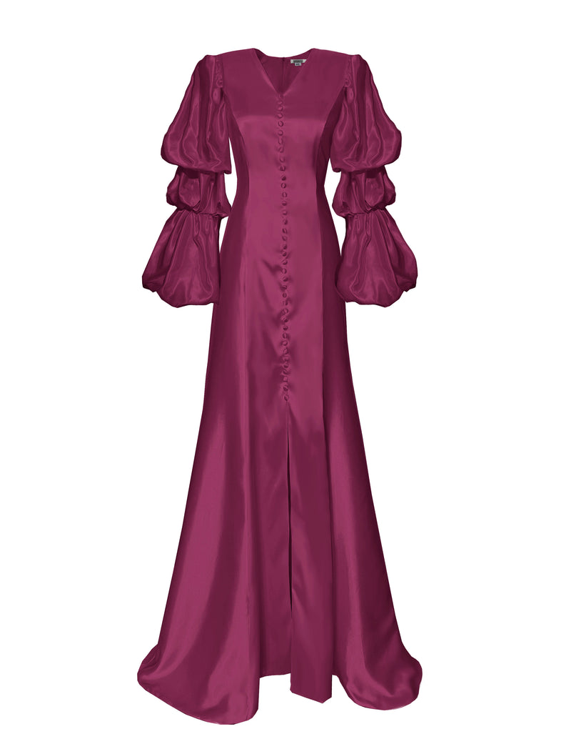 Glow Satin Gown with Layered Puff Sleeves - More Colors