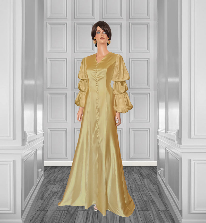 gold Glow Satin Wedding Gown with Layered Puff Sleeves