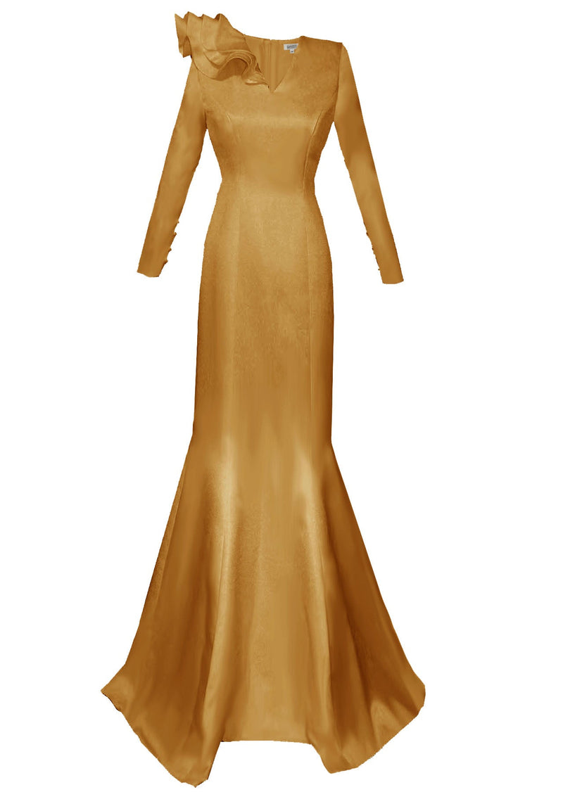 gold evening gown with sleeves