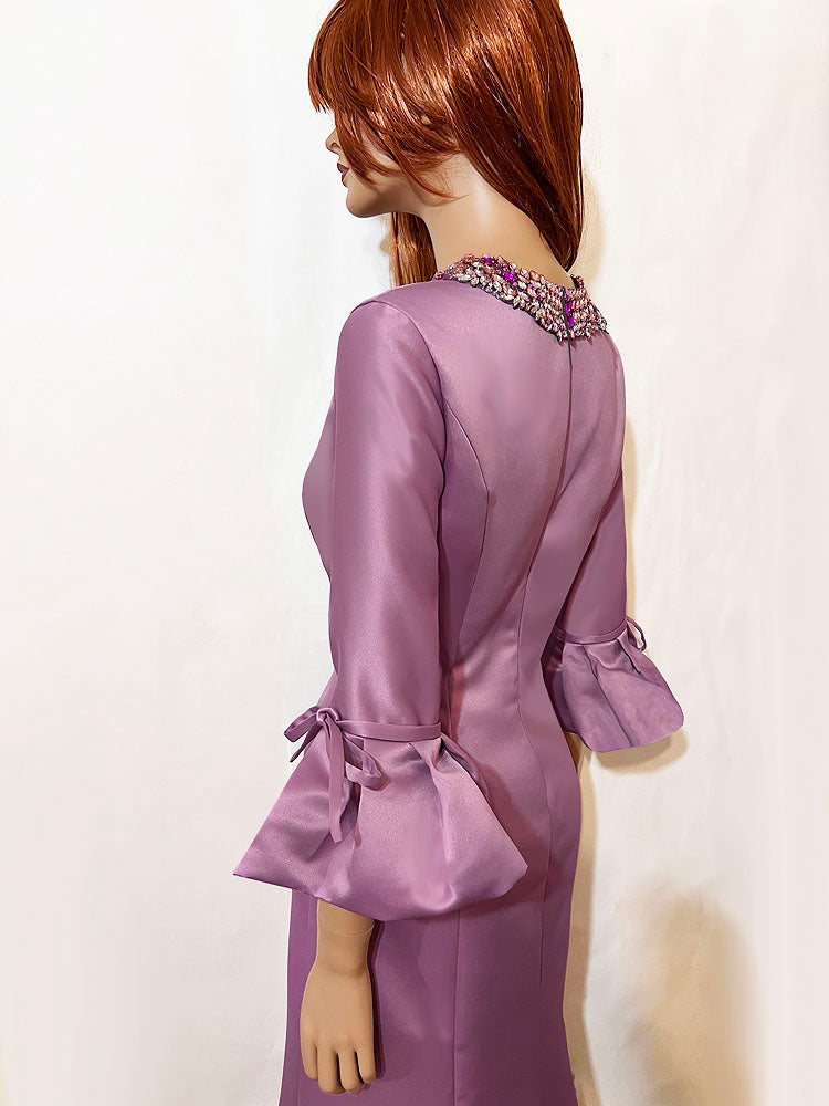 purple gown with sleeves