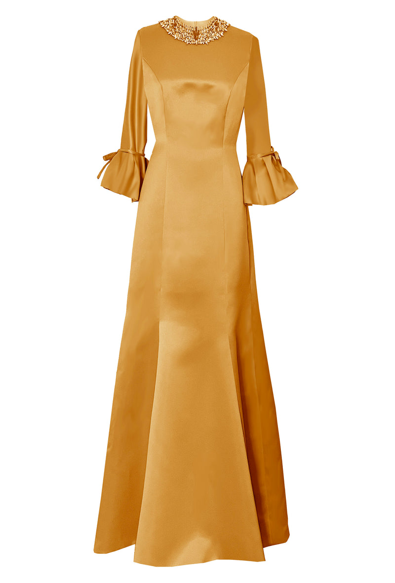 Icaria 3/4 Sleeve Gown with Crystal Embellished Neckline