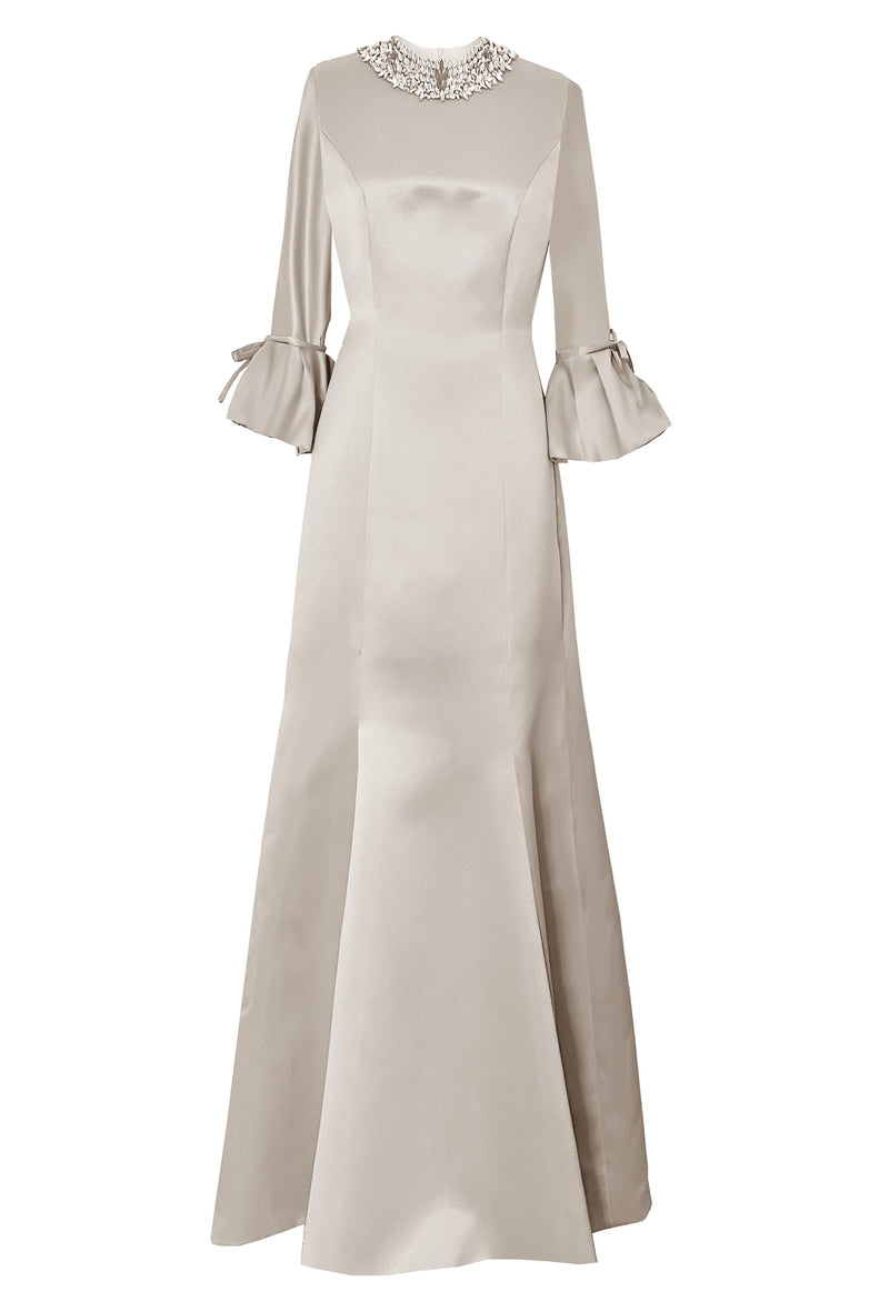 champagne modest dress Modest Satin Dress | Gold Champagne | XL - 60 | Buttoned High Neckline, Long Sleeves, Pleats, Belt | Clothing