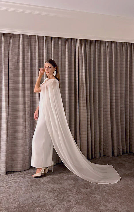 Kena Long Silk Chiffon Birdal Cape Off White Large / Custom Color
