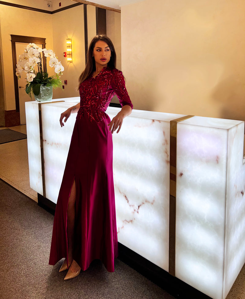 Mandalay Burgundy Formal Gown with Sleeves