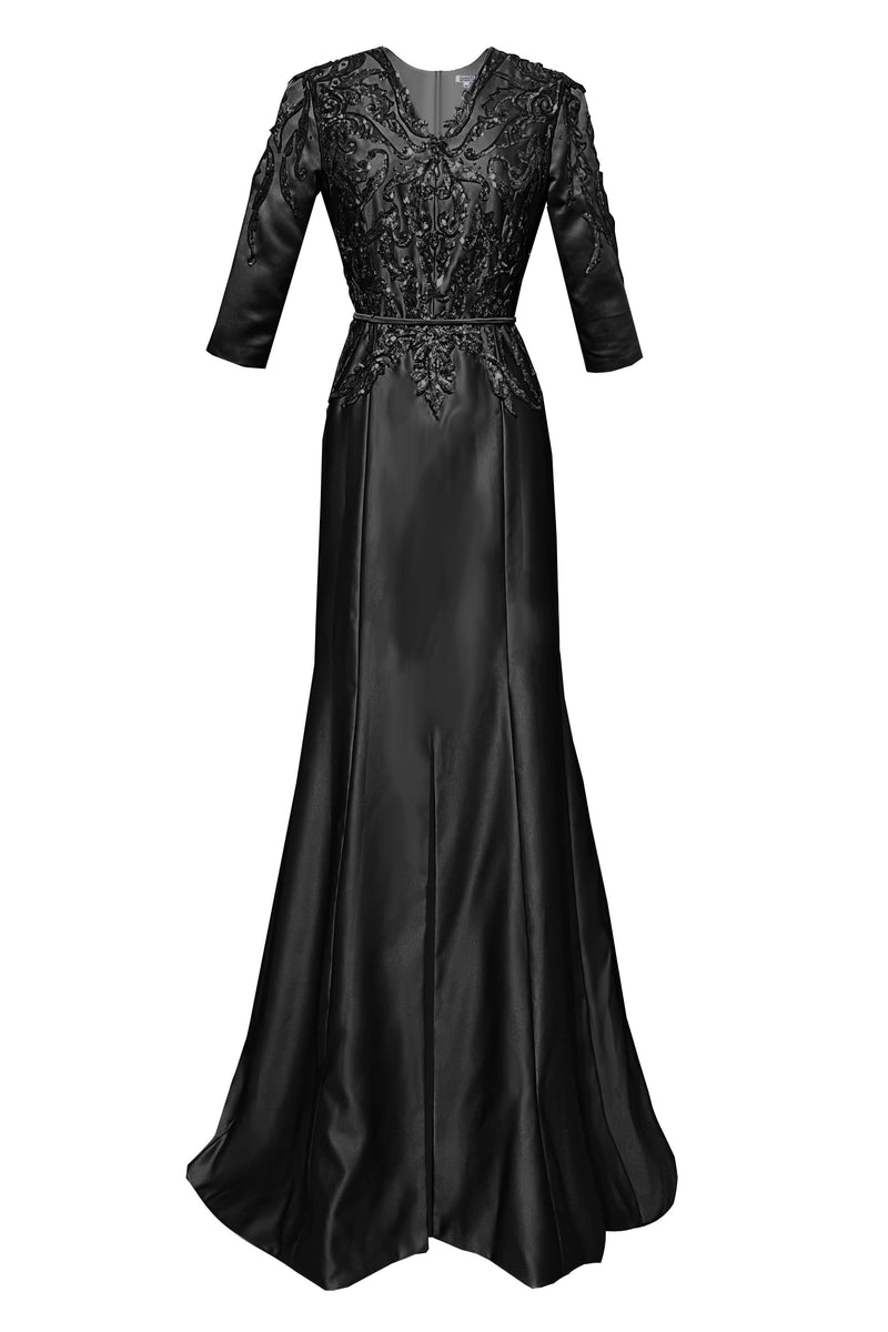 black evening gown with sleeves