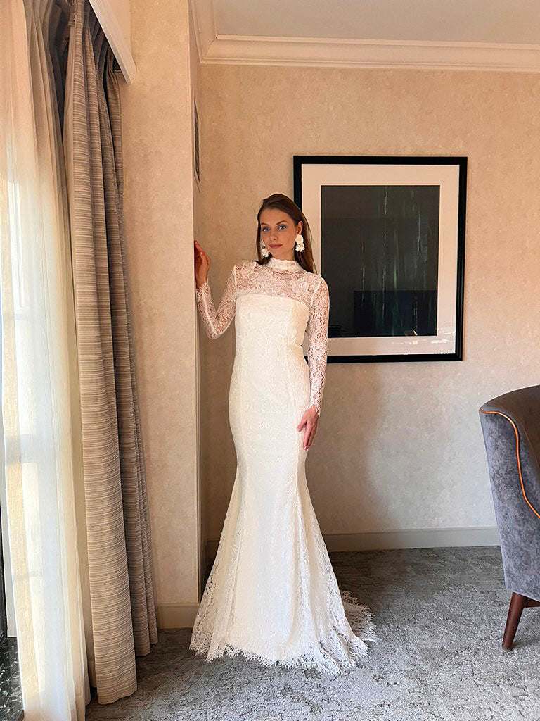 long lace bridesmaid dress Ivory Mermaid Satin High Neck Long Sleeves Bridesmaid Dress With Lace,  MBD226 main image 1