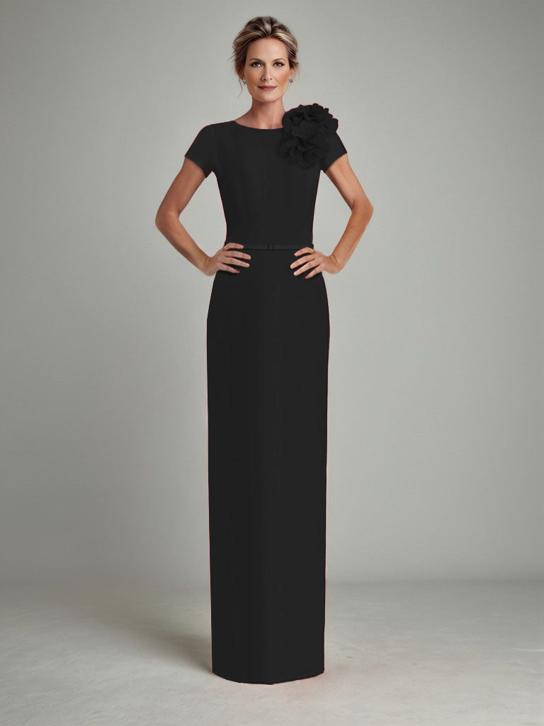 CaeliNYC Portland Short Sleeve Column Gown with Flower Detail  CaeliNYC