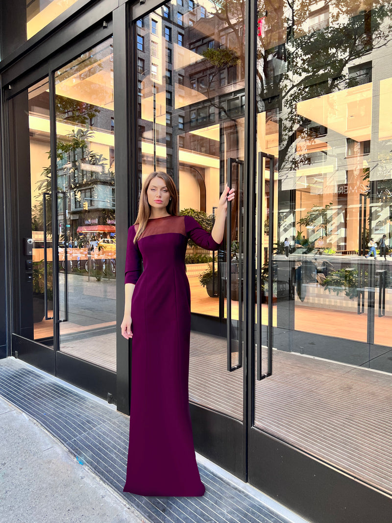 Soki Gown with See Through Yoke and 3/4 sleeves 10 / Red / Crepe Soki Gown with See Through Yoke and 3/4 sleeves 10 / Red / Crepe