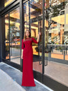 red evening gown with sleeves