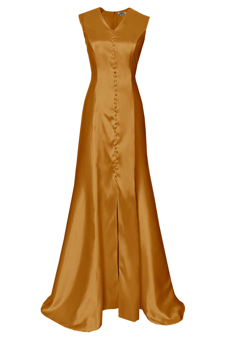Sunset 100% Silk Satin Gown with covered buttons 14 / Orange Sunset 100% Silk Satin Gown with covered buttons 14 / Orange