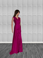 fuchsia vneck gown with covered buttons